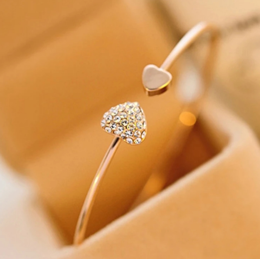 Adjustable Double Heart Crystal Cuff Bracelet